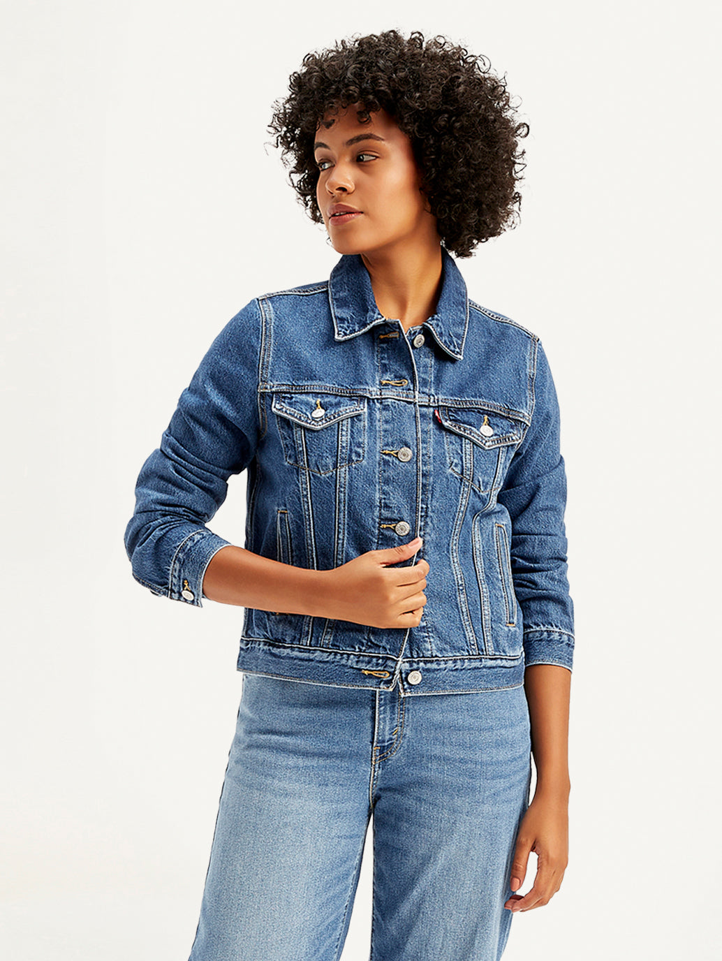 Women's Solid Blue Spread Collar Denim Jacket - Front View