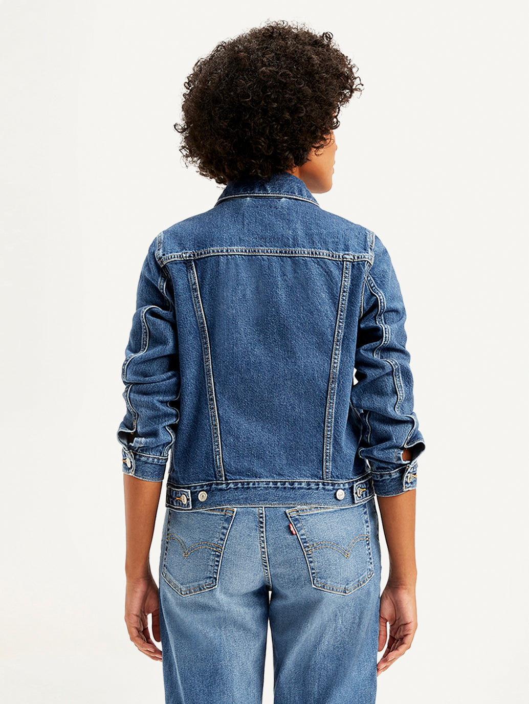Women's Solid Blue Spread Collar Denim Jacket - Back View