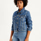 Women's Solid Blue Spread Collar Denim Jacket - Side View