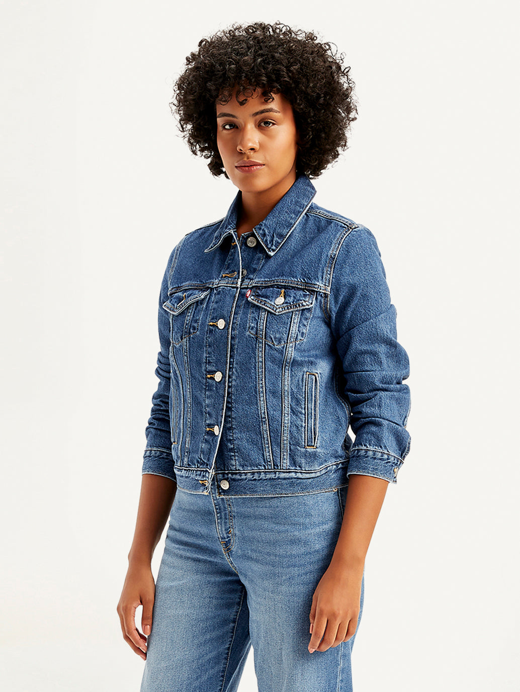 Women's Solid Blue Spread Collar Denim Jacket - Side View