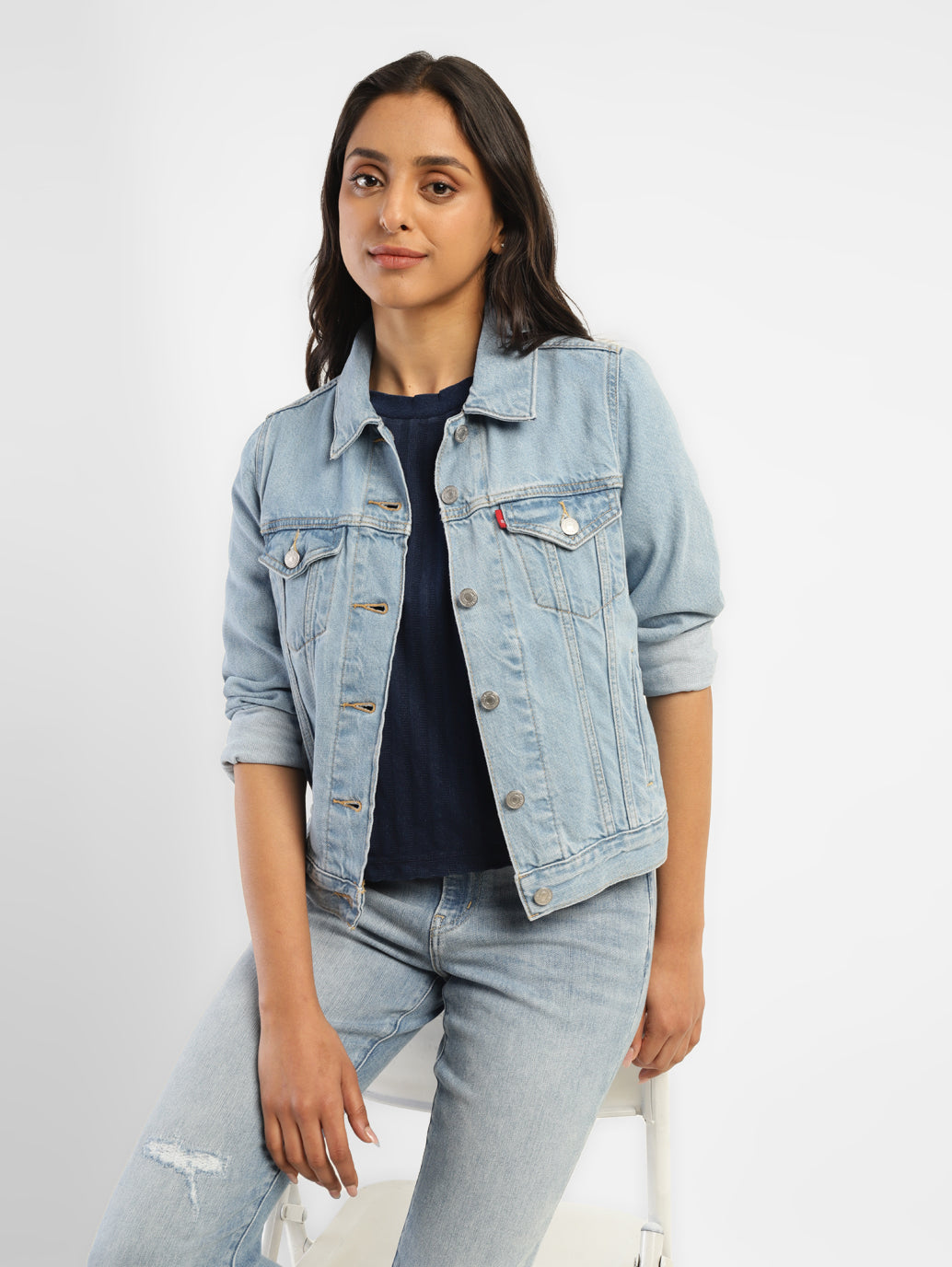 Women's Solid Blue Spread Collar Denim Jacket - f5391806-e4d6-4583-8780-9a439e8a0374 View
