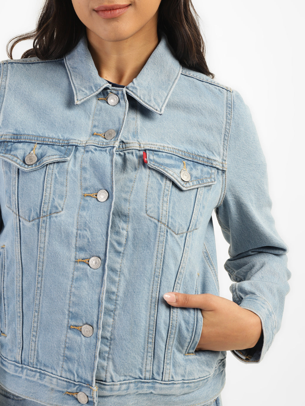 Women's Solid Blue Spread Collar Denim Jacket - c2a3c168-2c0f-41e5-a77f-94e04d743357 View