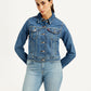 Women's Solid Blue Spread Collar Denim Jacket - Front View