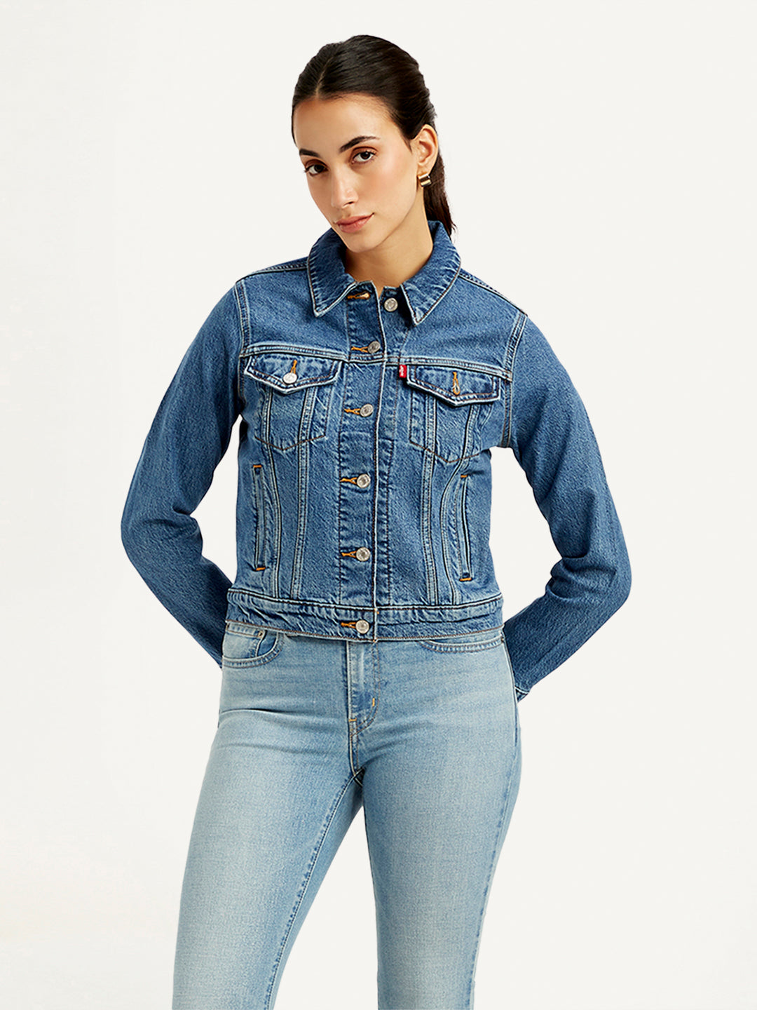 Women's Solid Blue Spread Collar Denim Jacket - Front View