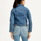 Women's Solid Blue Spread Collar Denim Jacket - Back View