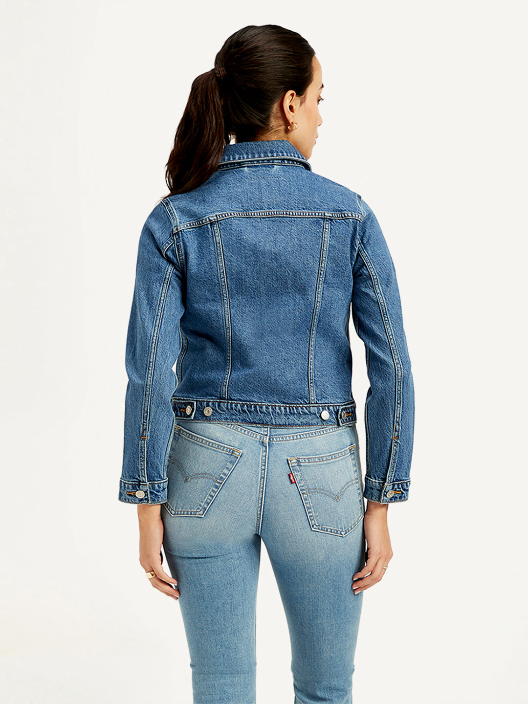 Women's Solid Blue Spread Collar Denim Jacket - Back View