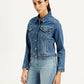 Women's Solid Blue Spread Collar Denim Jacket - Side View