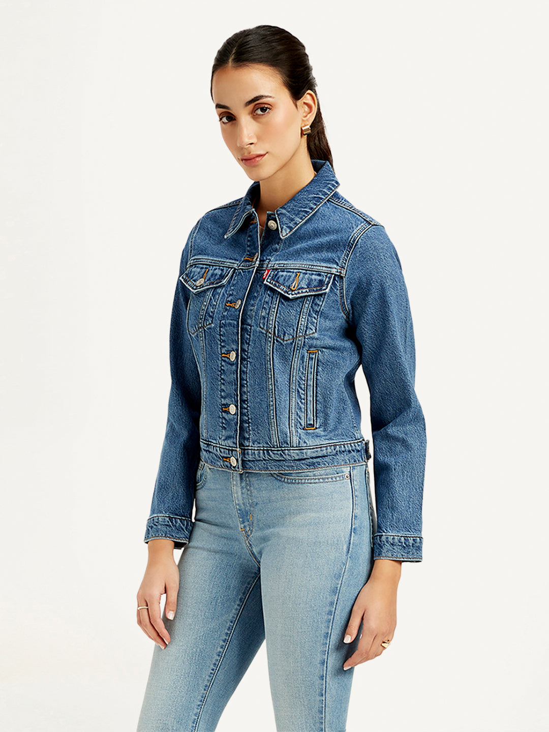 Women's Solid Blue Spread Collar Denim Jacket - Side View