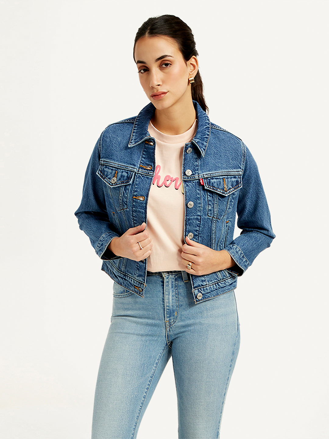 Women's Solid Blue Spread Collar Denim Jacket - Styleshot View