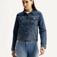 Women's Solid Blue Trucker Jacket - Front View