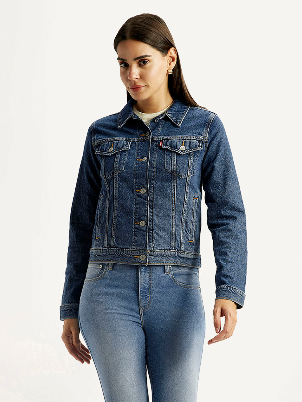 Women's Solid Blue Trucker Jacket - Front View
