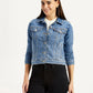Women's Solid Blue Trucker Jacket - Styleshot View