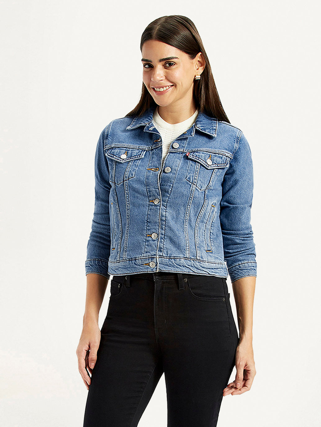 Women's Solid Blue Trucker Jacket - Styleshot View