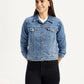 Women's Solid Blue Trucker Jacket - Front View