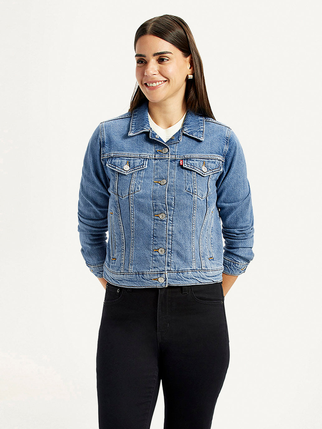 Women's Solid Blue Trucker Jacket - Front View