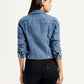 Women's Solid Blue Trucker Jacket - Back View