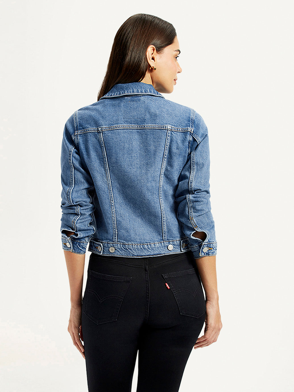 Women's Solid Blue Trucker Jacket - Back View
