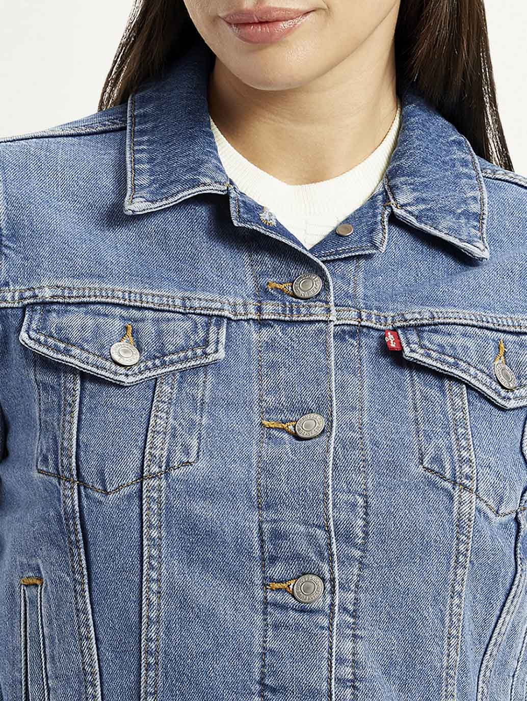 Women's Solid Blue Trucker Jacket - Detail View