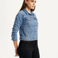 Women's Solid Blue Trucker Jacket - Side View