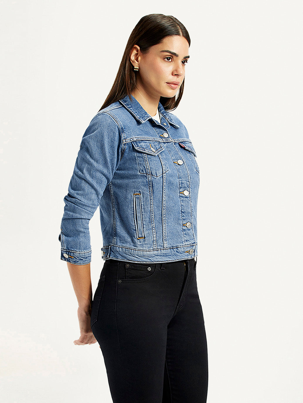 Women's Solid Blue Trucker Jacket - Side View