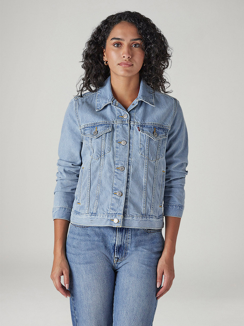 Women's Solid Regular Fit Denim Trucker Jacket - Front View
