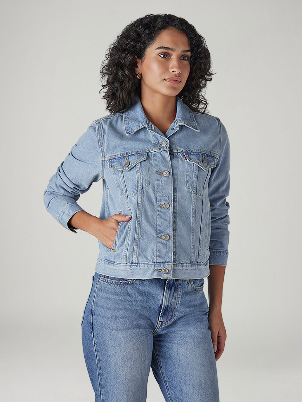 Women's Solid Regular Fit Denim Trucker Jacket - Side View