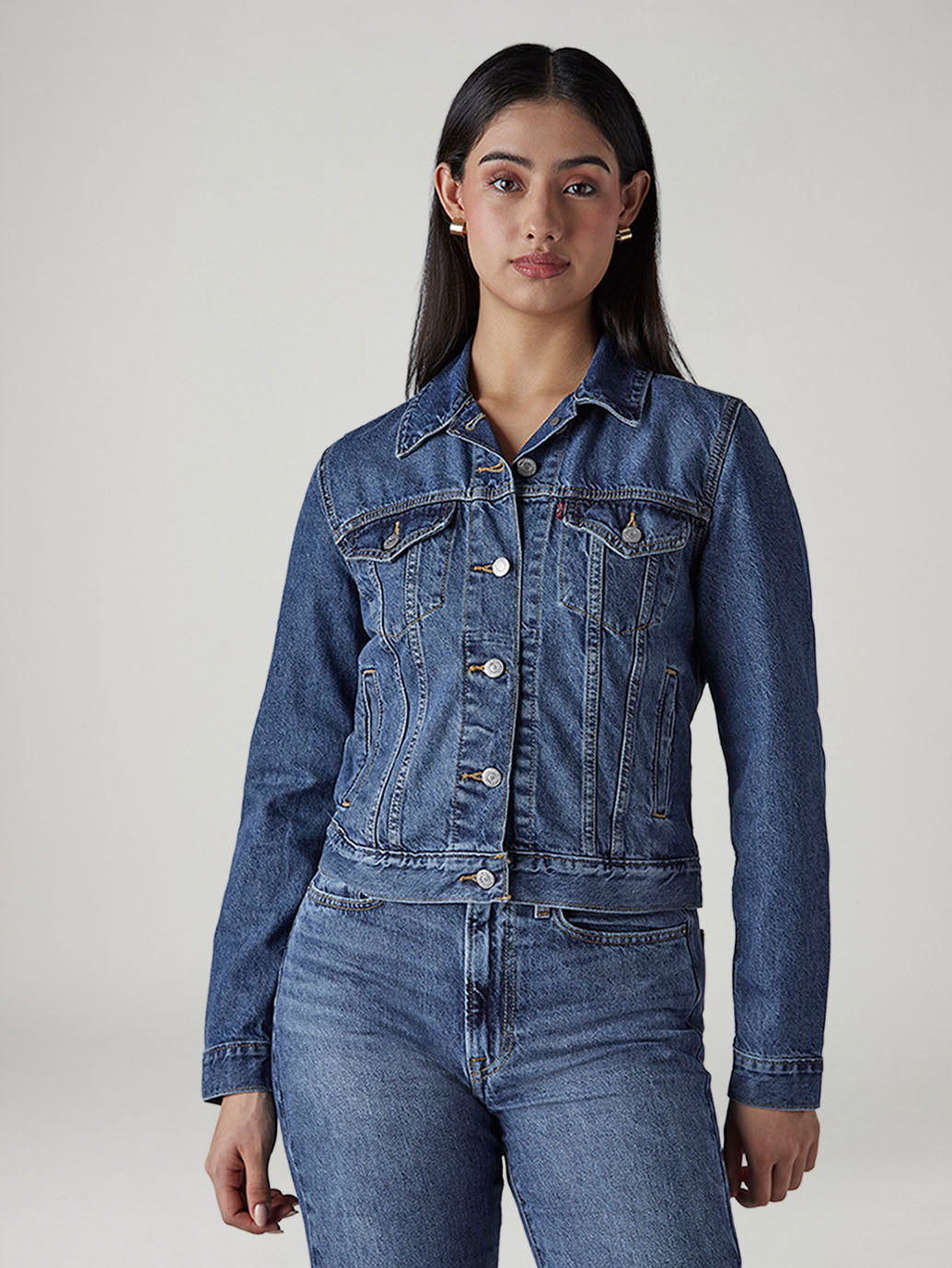 Women's Solid Regular Fit Trucker Jacket - Front View