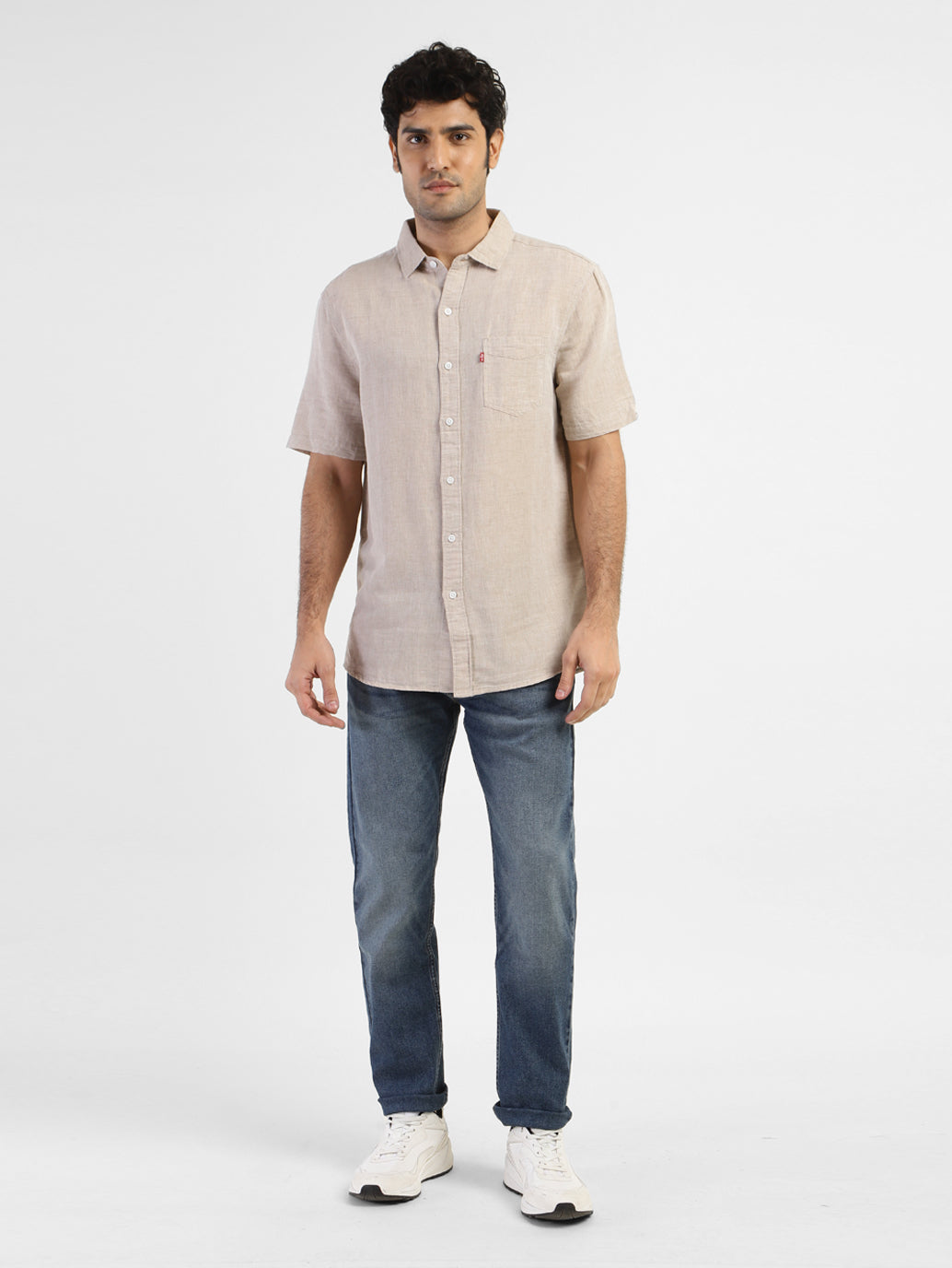 Men's Solid Regular Fit Linen Shirt - Front View