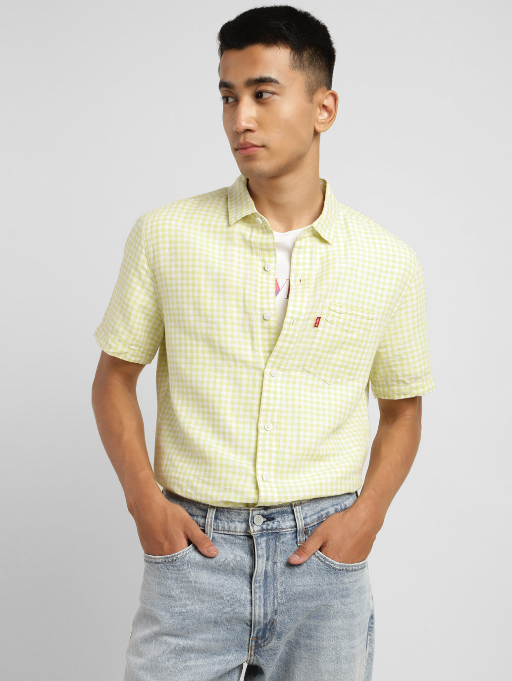 Men's Checkered Spread Collar Linen Shirt Green - cefe933c-0661-422d-982f-126e45874e3b View