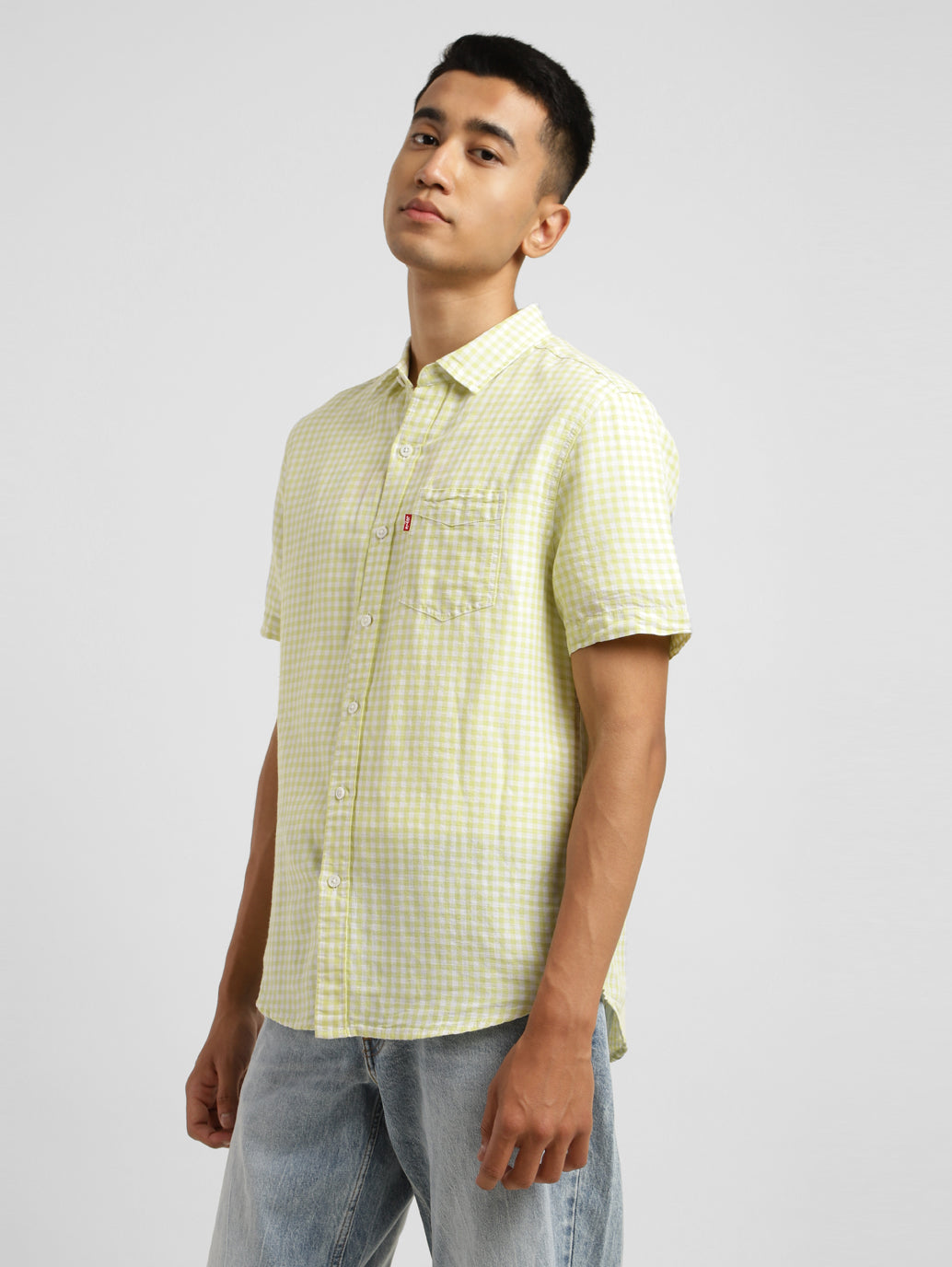 Men's Checkered Spread Collar Linen Shirt Green - fb142798-457b-4cf7-8178-42ae6fbbe0ca View
