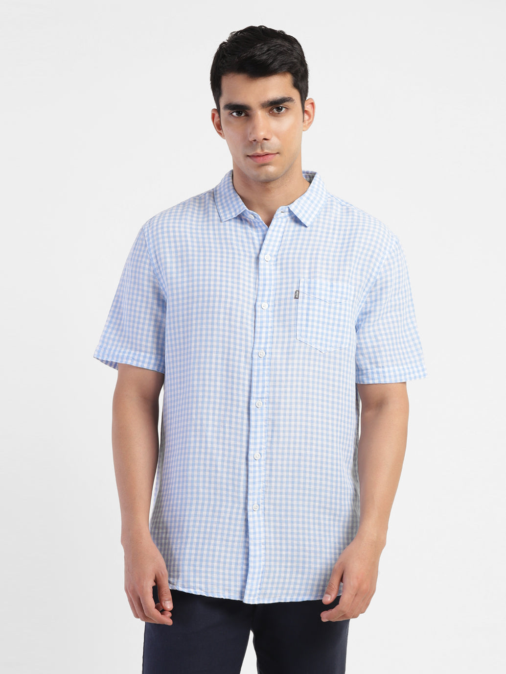 Men's Checkered Spread Collar Linen Shirt - adfc7417-92de-4282-b4d6-7f21eb3bbf4a View