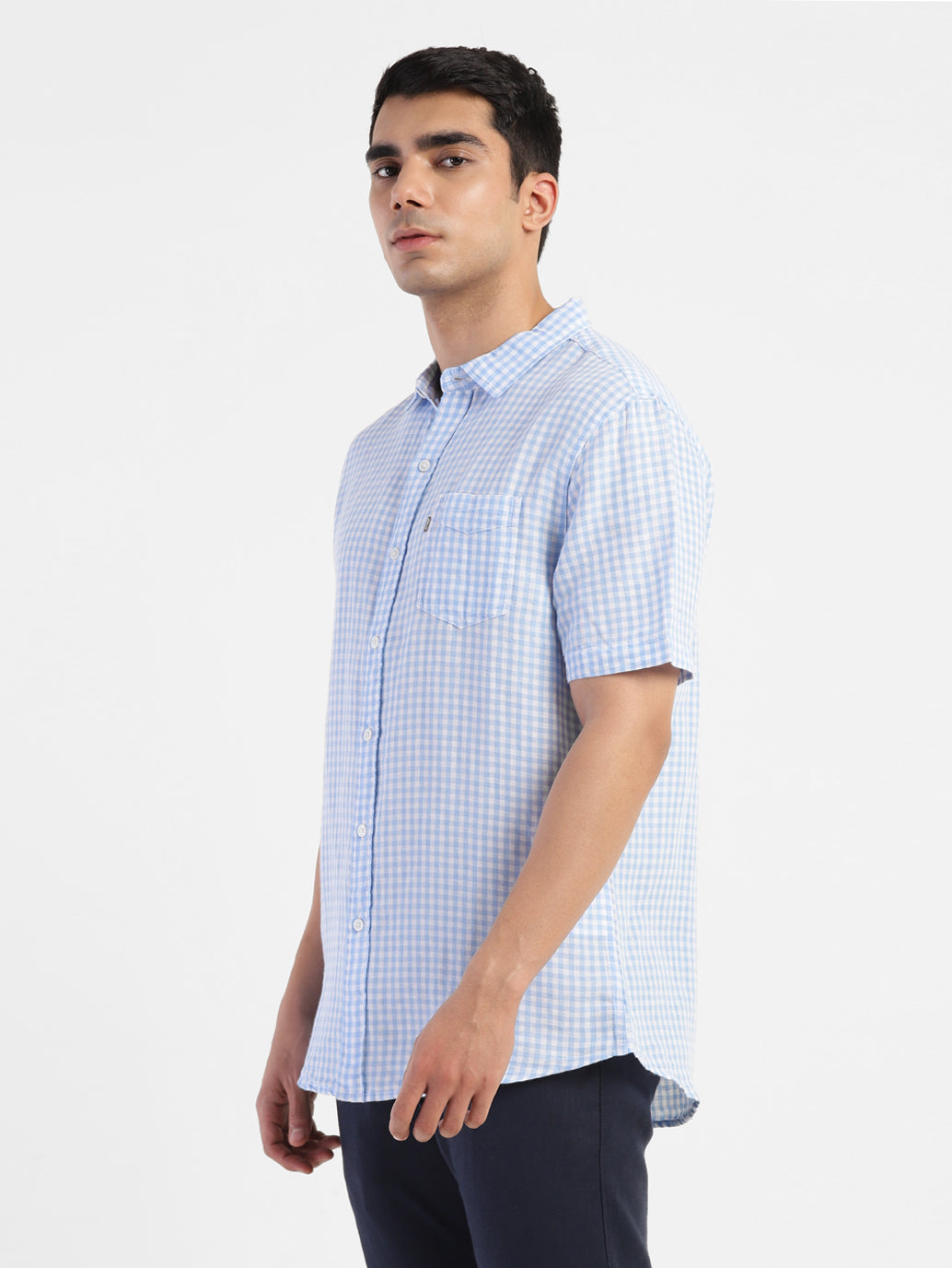 Men's Checkered Spread Collar Linen Shirt - 23bec1db-cd32-4987-96b9-df14a8bca135 View
