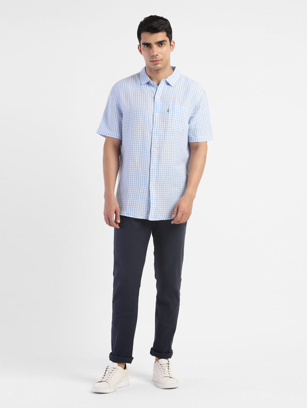 Men's Checkered Spread Collar Linen Shirt - 5d1080d0-1fe9-43fb-bea9-71d7f29b6d50 View