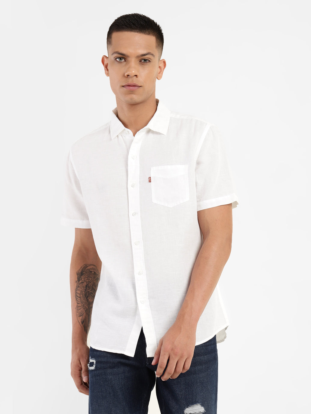 Men's Solid Slim Fit Linen Shirt - Front View