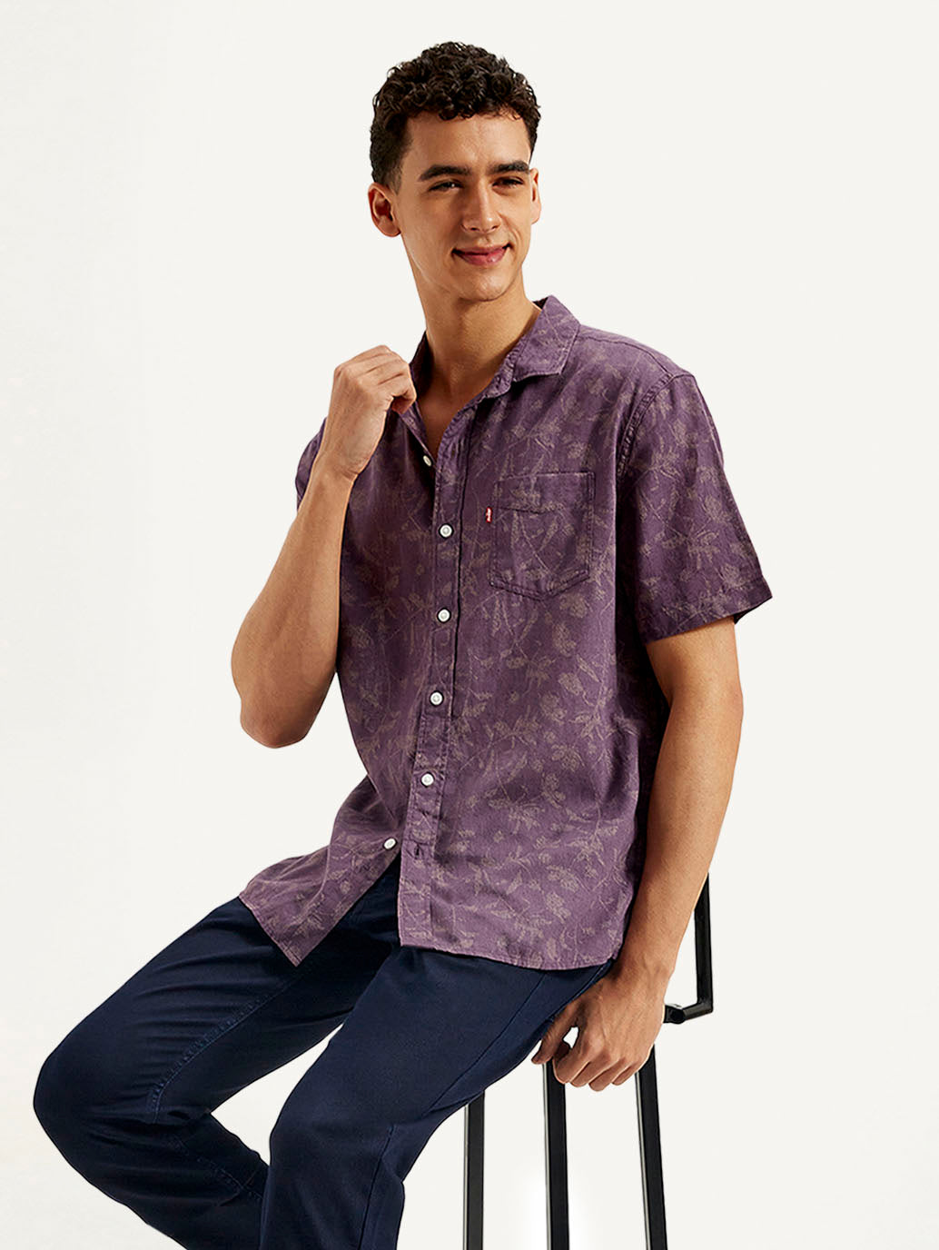 Men's Floral Slim Fit Linen Shirt - Styleshot View