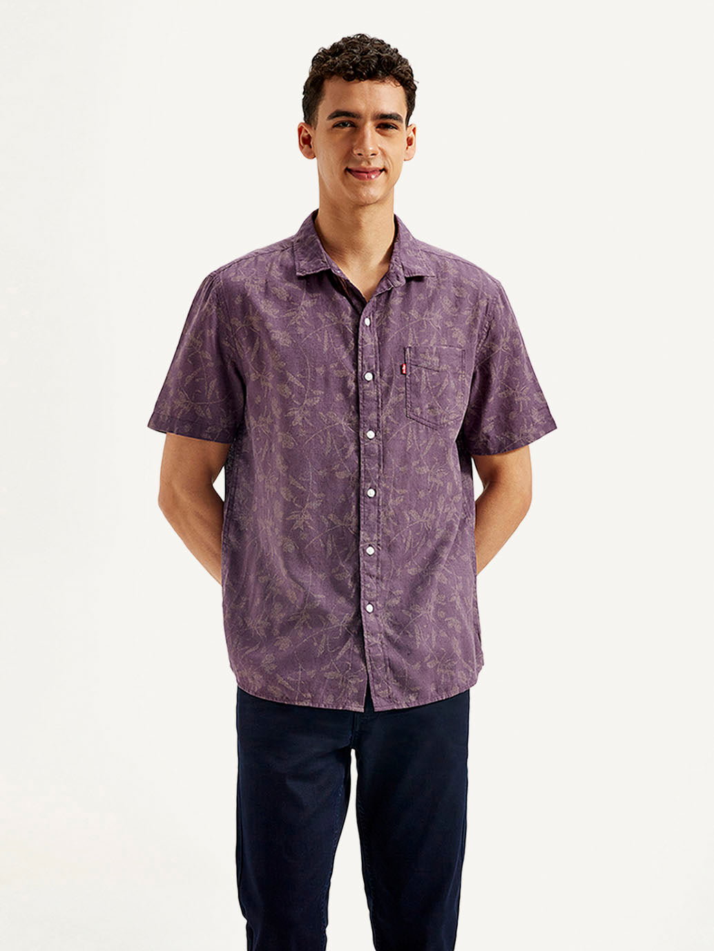 Men's Floral Slim Fit Linen Shirt - Front View