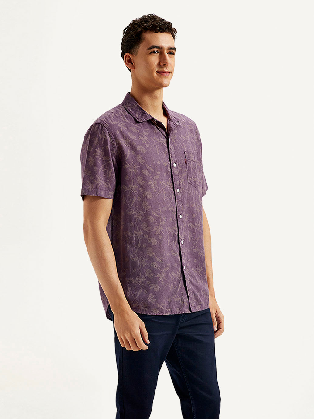 Men's Floral Slim Fit Linen Shirt - Side View