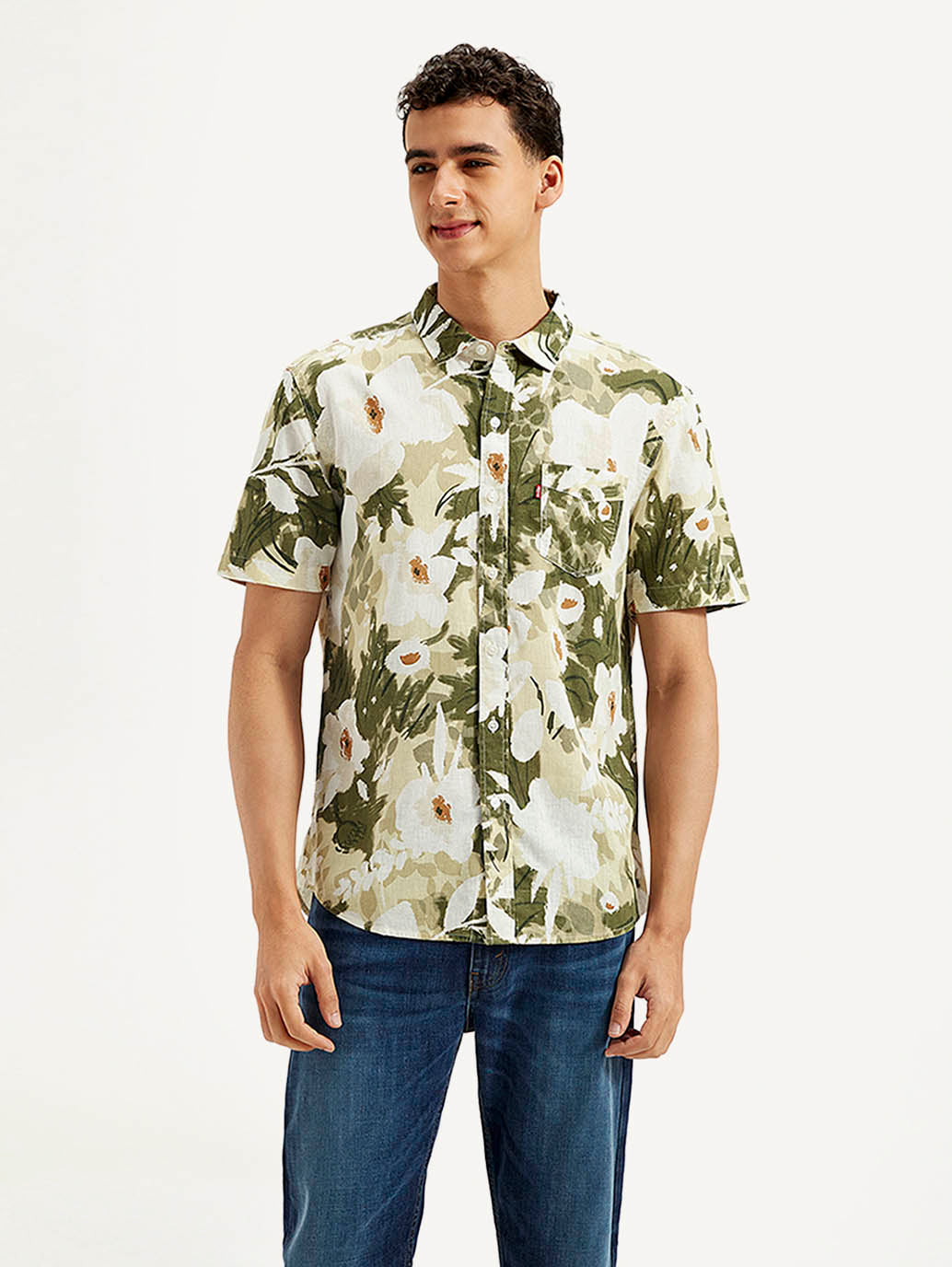 Men's Floral Slim Fit Linen Shirt - Front View
