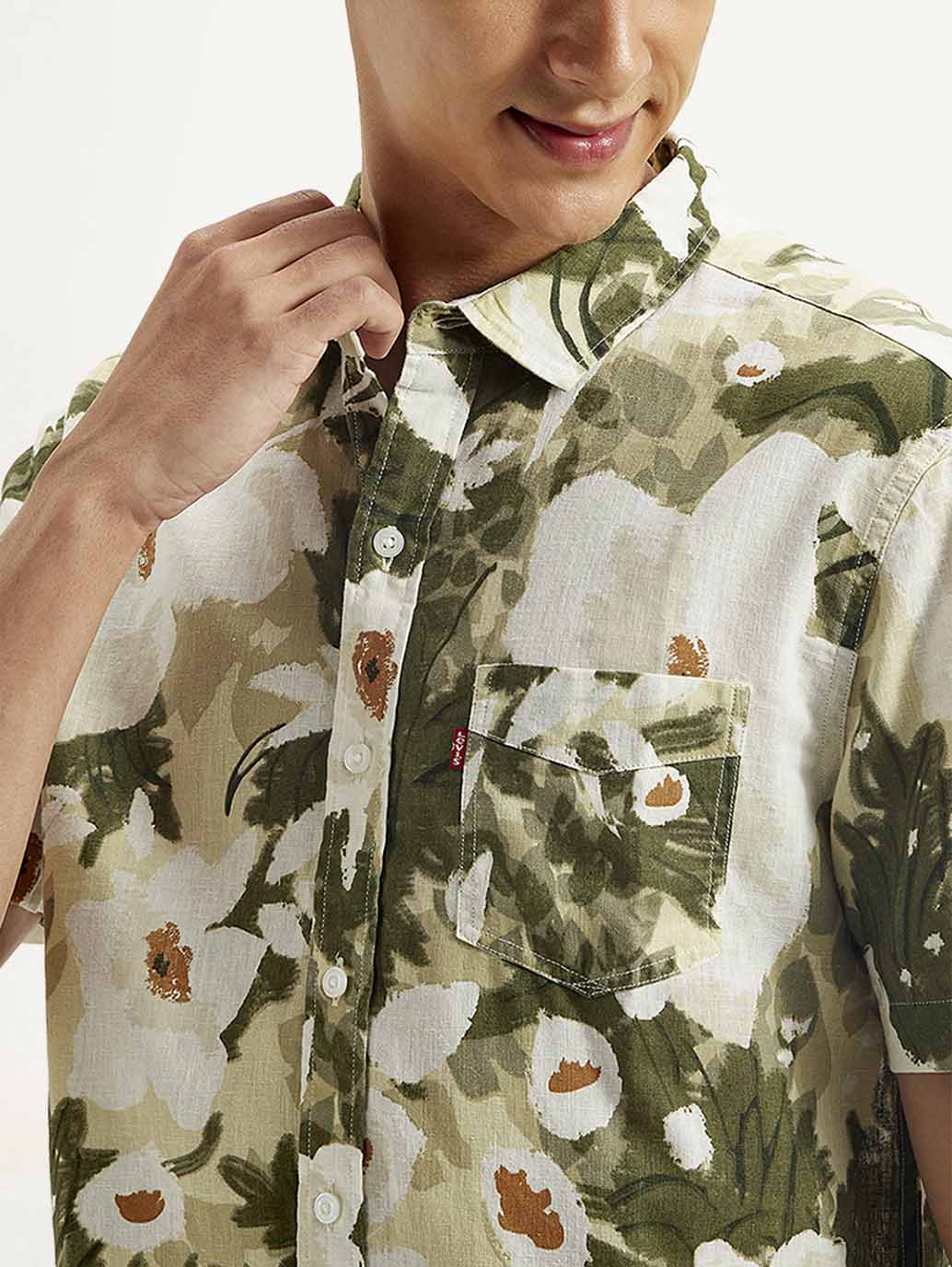 Men's Floral Slim Fit Linen Shirt - Detail View