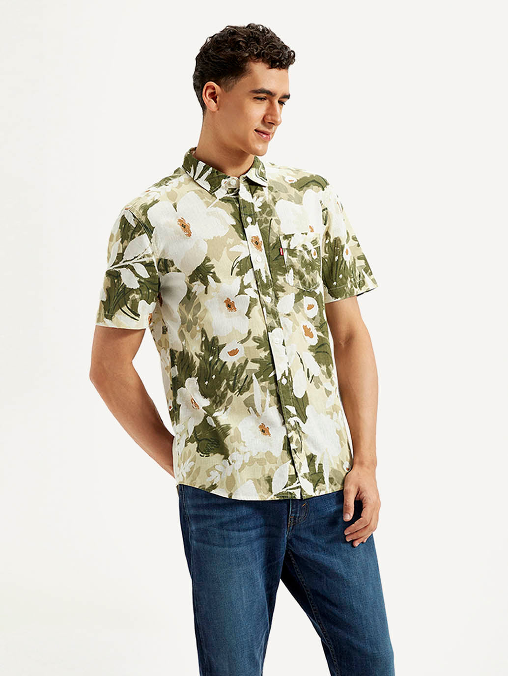 Men's Floral Slim Fit Linen Shirt - Side View