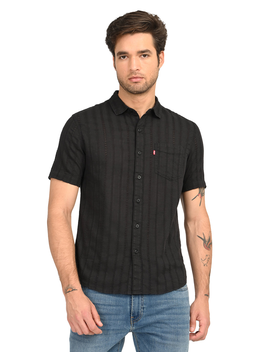 Men's Textured Black Slim Fit Shirt - frount View