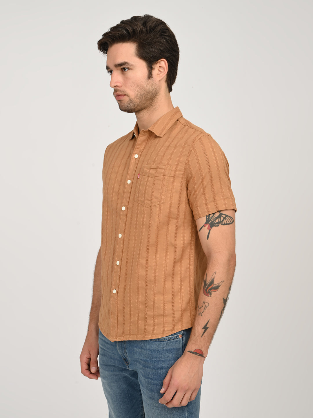 Men's Textured Light Brown Slim Fit Shirt - side View