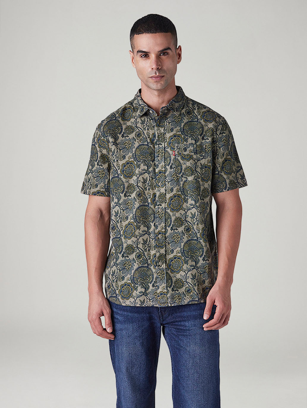 Men's Floral Slim Fit Linen Shirt - Front View