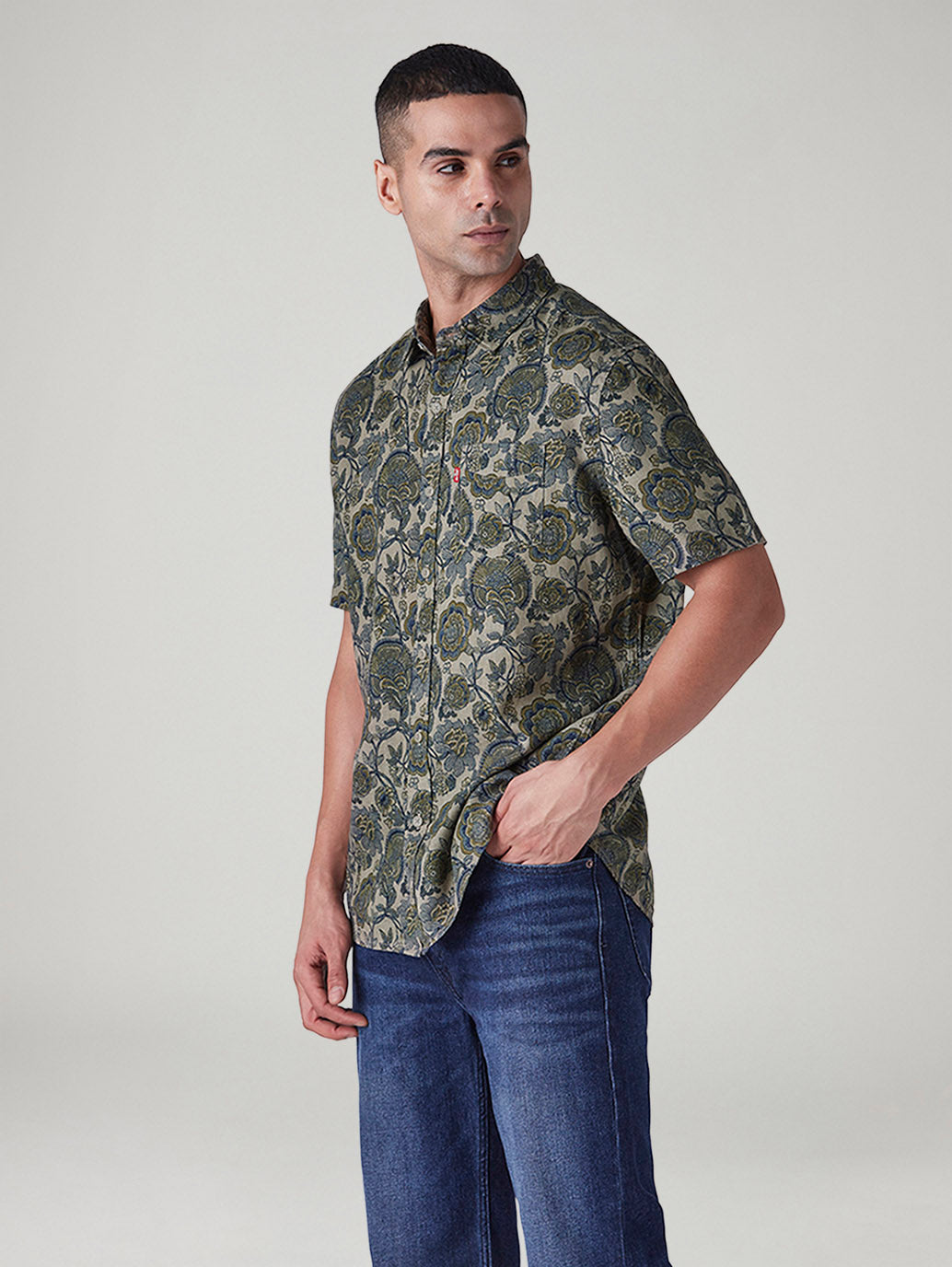 Men's Floral Slim Fit Linen Shirt - Side View