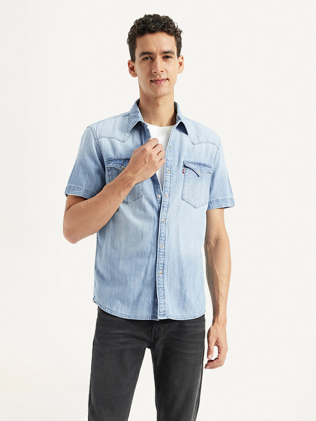 Men's Solid Slim Fit Denim Shirt - Styleshot View