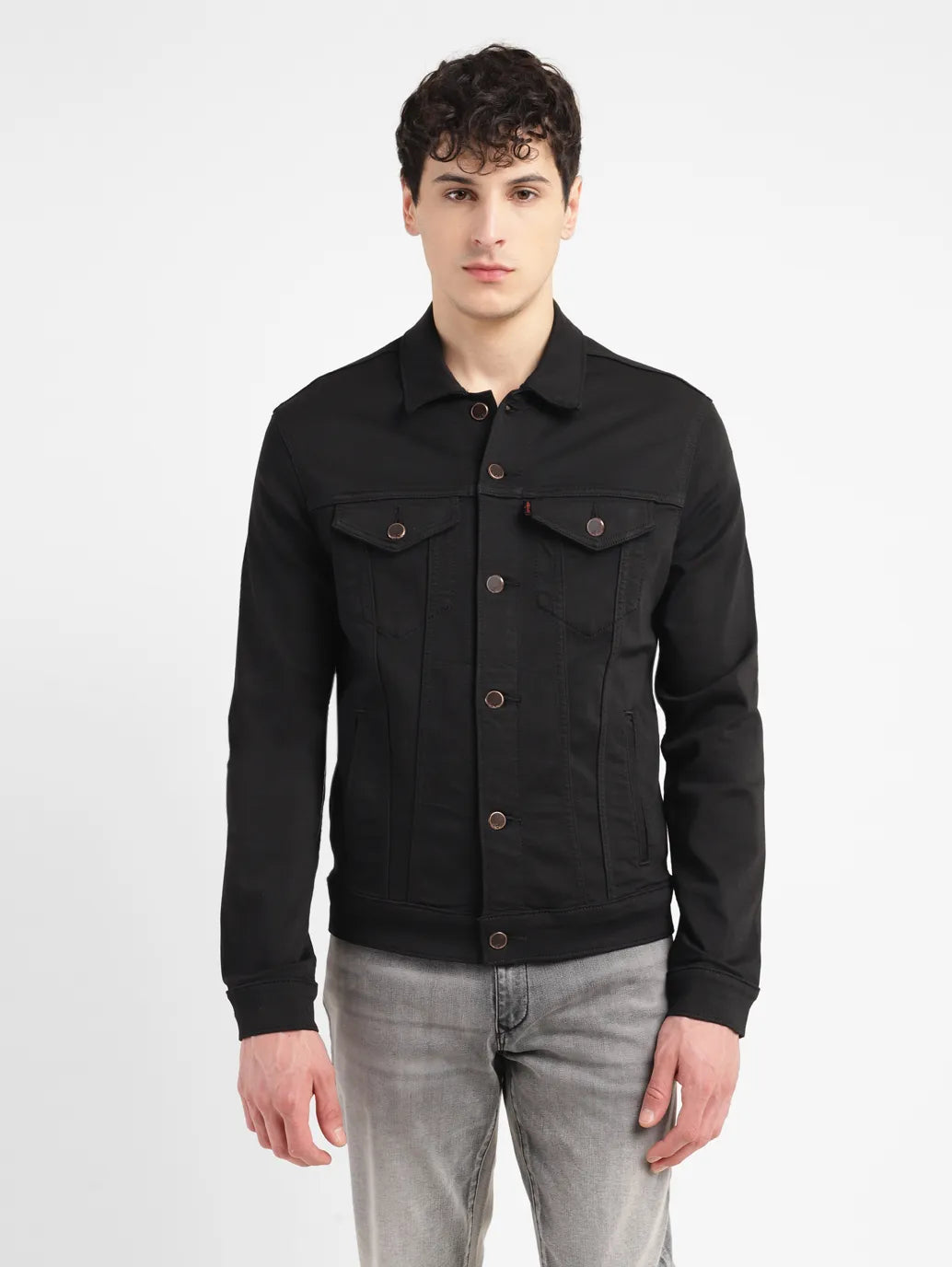 Men's Redloop Solid Black Spread Collar Denim Trucker Jacket