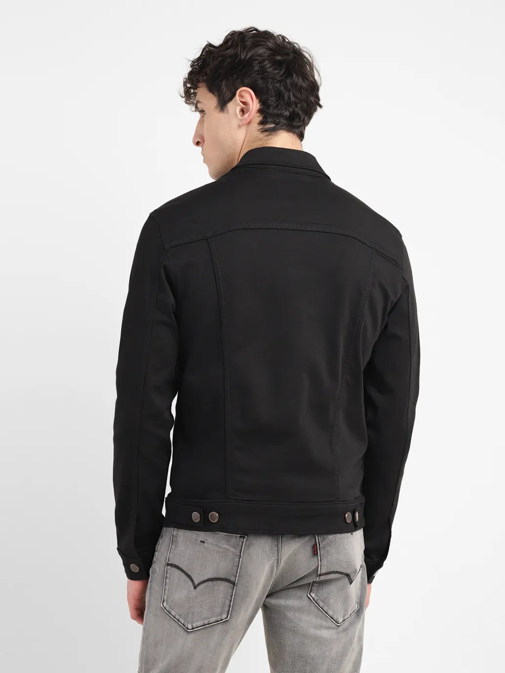 Men's Redloop Solid Black Spread Collar Denim Trucker Jacket - bf43d63d-8723-45fc-afcc-51cada6c06c5 View