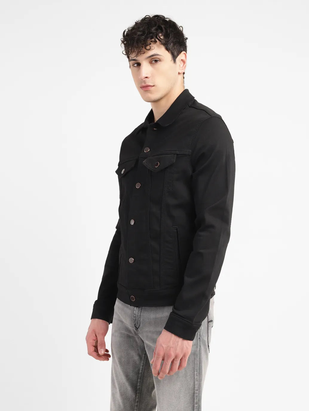 Men's Redloop Solid Black Spread Collar Denim Trucker Jacket - 577c2133-75ce-449b-b5eb-891f1855bd8d View