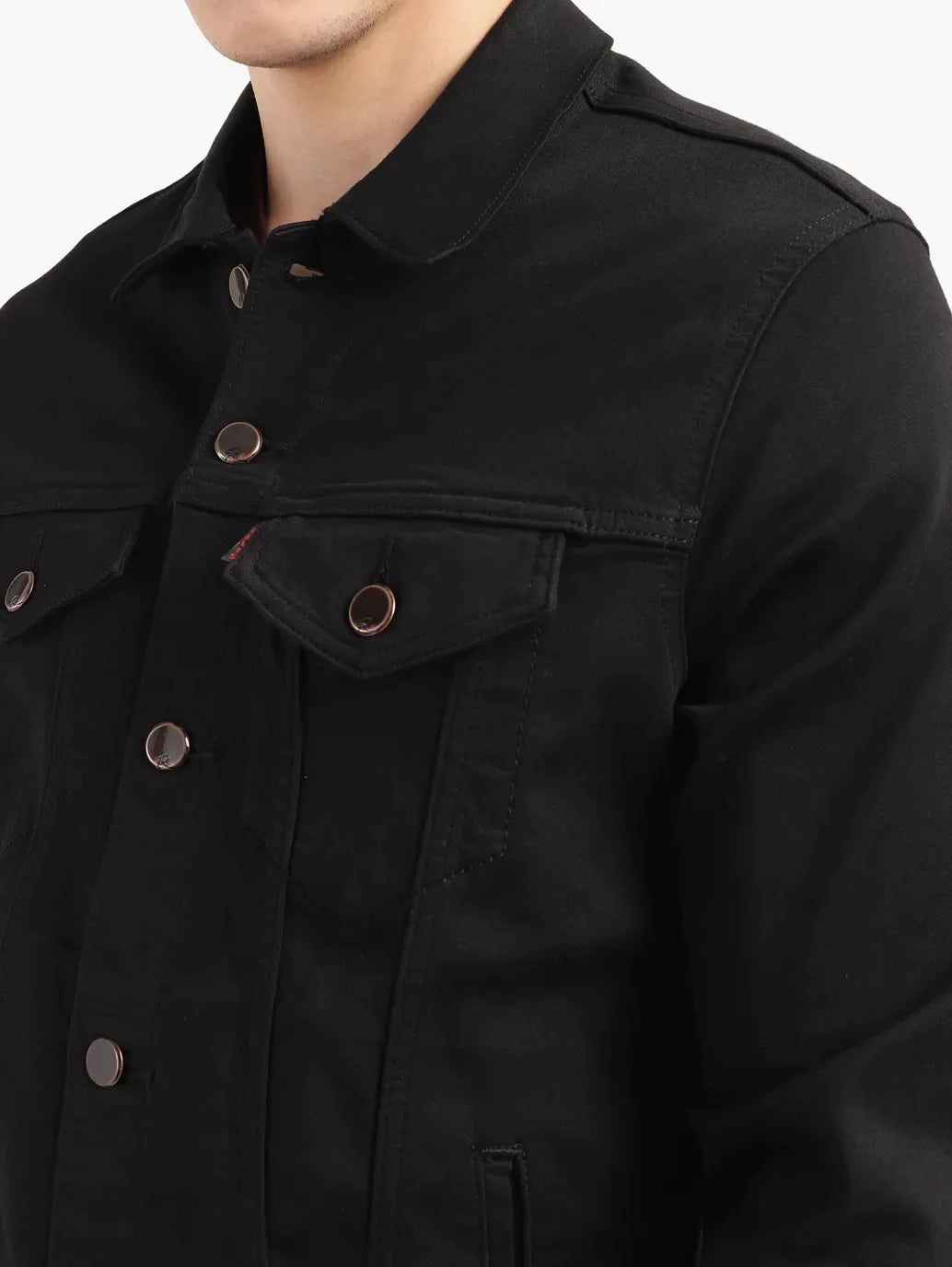 Men's Redloop Solid Black Spread Collar Denim Trucker Jacket - eca1dcee-5b13-4683-9686-24fcde5becd2 View