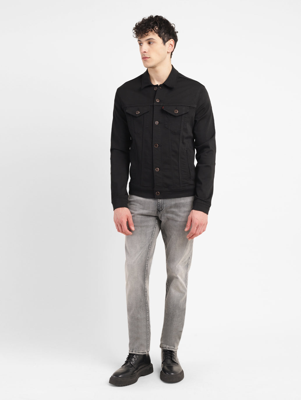 Men's Redloop Solid Black Spread Collar Denim Trucker Jacket - 08e15c69-76ac-4a7d-add6-27de3d36dec2 View